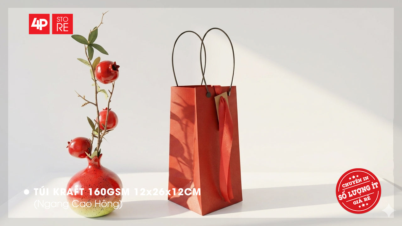 TÚI KRAFT 160GSM ĐỎ 12X26X12CM QUAI NHỰA