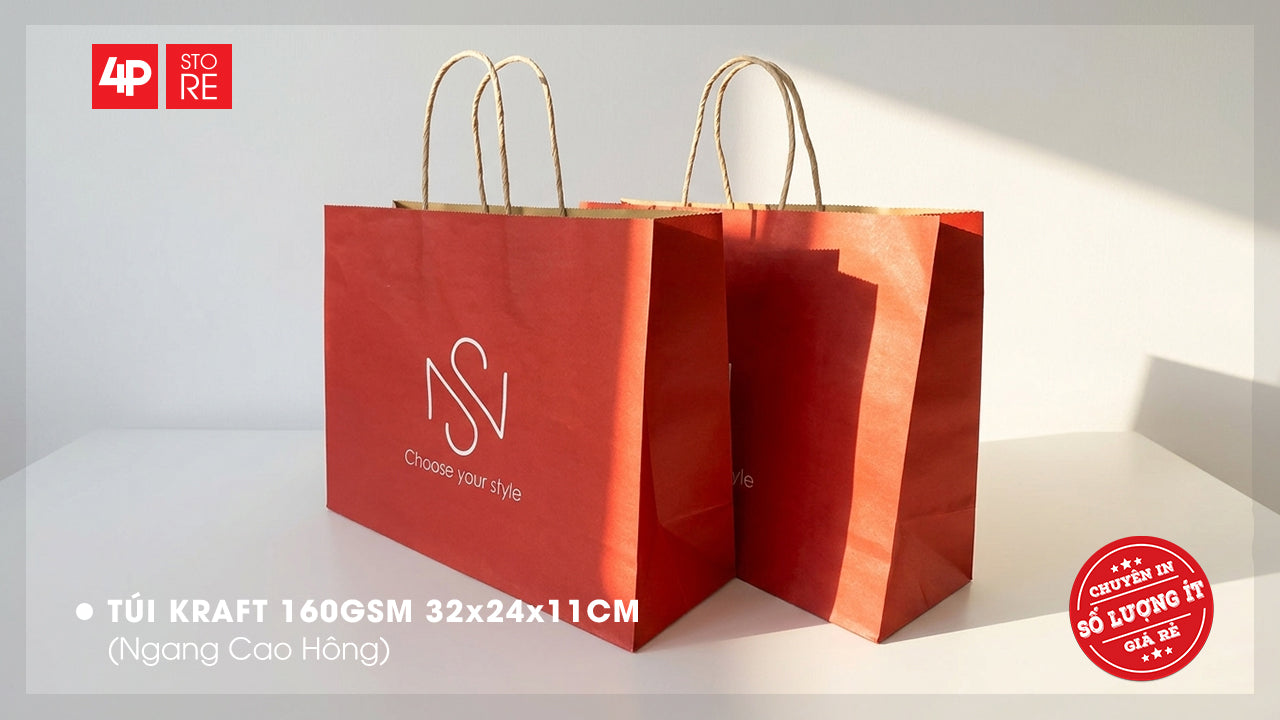 100 TÚI GIẤY KRAFT ĐỎ RỰC RỠ - 32X24X11CM IN 1 MÀU THEO YÊU CẦU