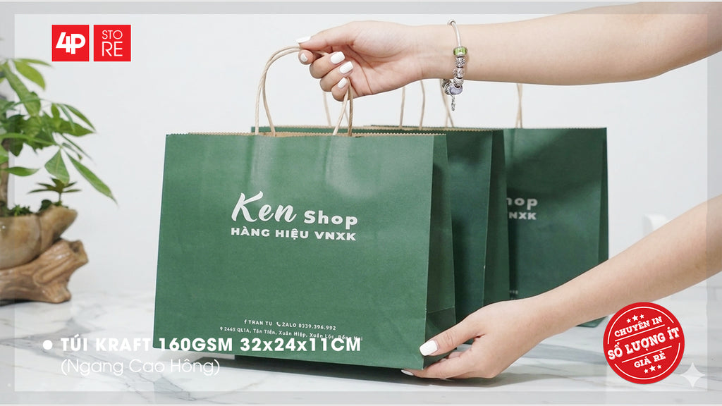 TÚI KRAFT 160GSM XANH LÁ ĐẬM 32X24X11CM IN 1 MÀU