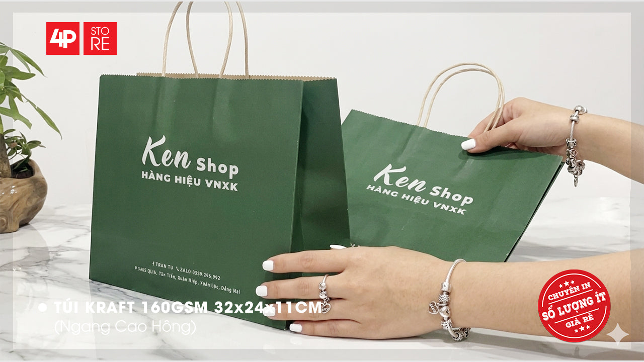 TÚI KRAFT 160GSM XANH LÁ ĐẬM 32X24X11CM IN 1 MÀU