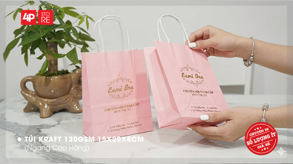 TÚI KRAFT HỒNG 120GSM 15X20X8CM IN NHŨ ĐỒNG