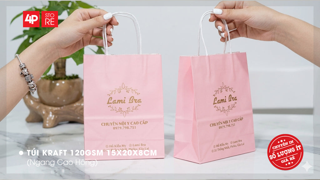 TÚI KRAFT HỒNG 120GSM 15X20X8CM IN NHŨ ĐỒNG