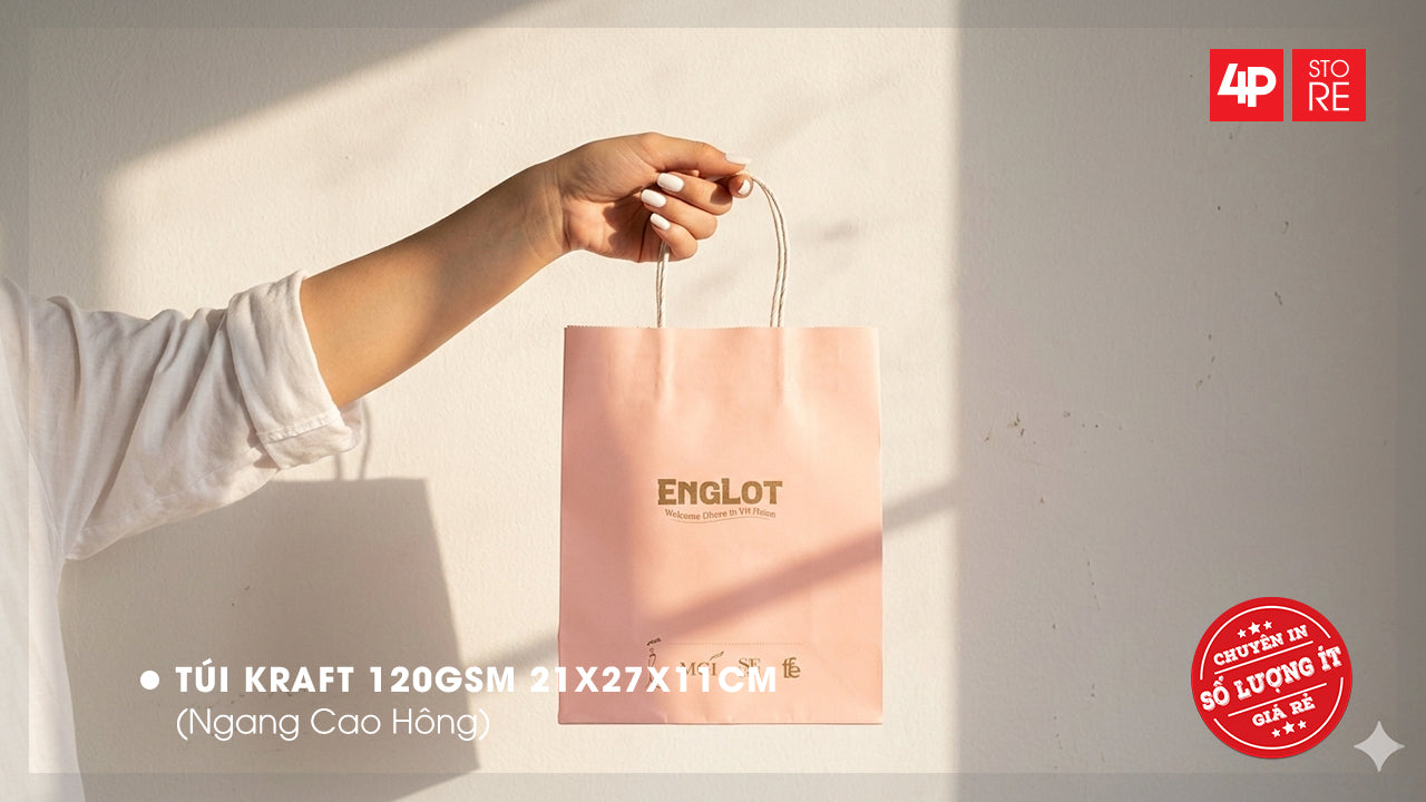 TÚI KRAFT HỒNG 120GSM 21X27X11CM, IN NHŨ ĐỒNG