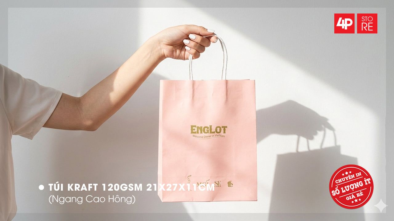 TÚI KRAFT HỒNG 120GSM 21X27X11CM, IN NHŨ ĐỒNG