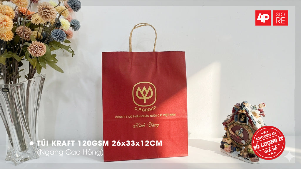 TÚI KRAFT ĐỎ 120GSM 26X33X12CM IN NHŨ ĐỒNG